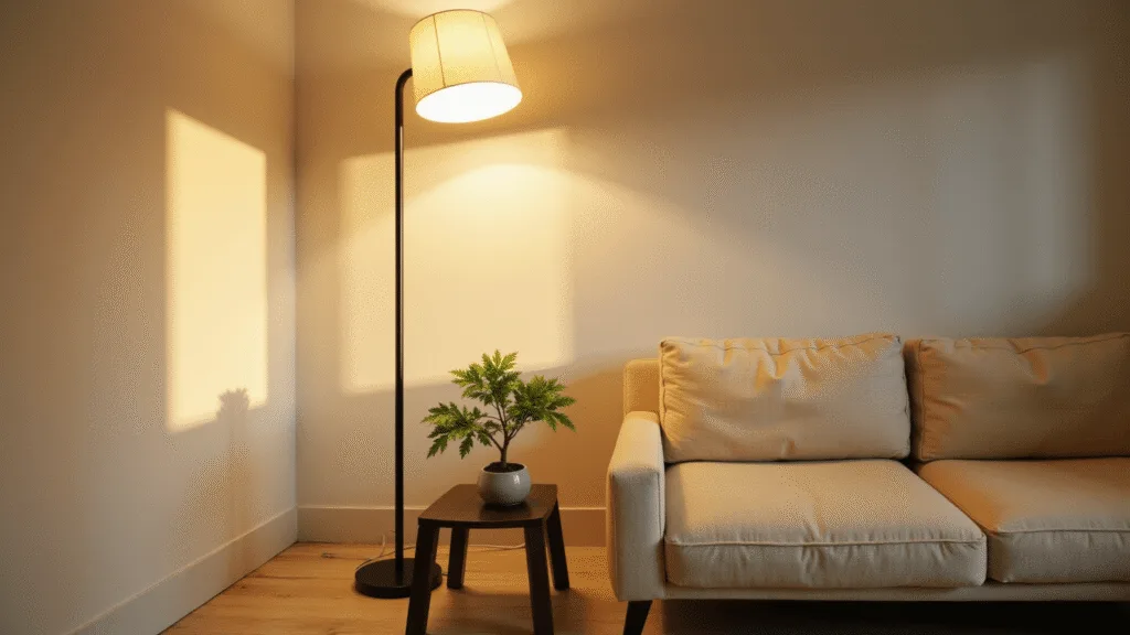 "Minimalist Japandi style living room with black floor lamp, oatmeal linen sofa, ceramic side table with Japanese maple, in warm natural light"