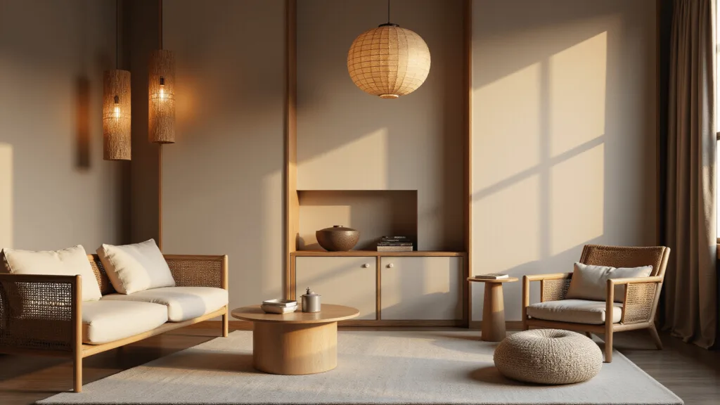 "Minimalist Japandi style living room with oak furniture, shoji screens, and warm LED lighting"