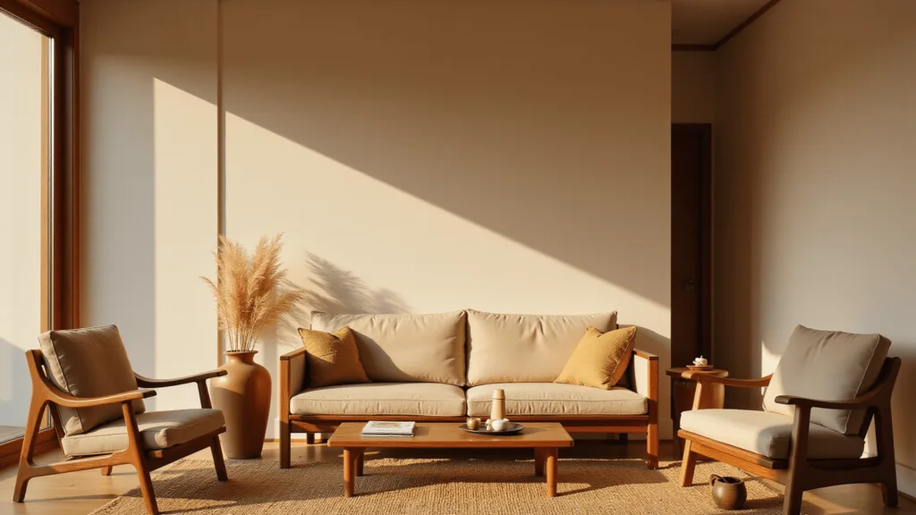 "Cozy Japandi living room with natural wood furniture and muted tones under soft light"