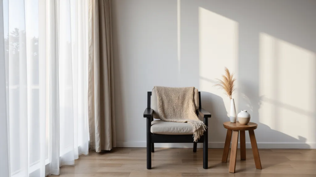 "Japandi chair in a serene minimalist meditation corner with a wool throw, ceramic vase with pampas grass, and morning light filtering through linen curtains"