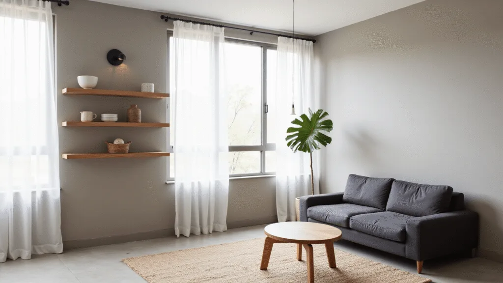 "Minimalist Japandi living room with charcoal sofa, walnut coffee table, neutral jute rug, and warm gray concrete walls"