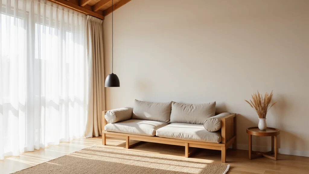 "Minimalist Japandi style living room with ivory sofa, walnut coffee table, jute rug, green plants in ceramic pots, and floor-to-ceiling windows"