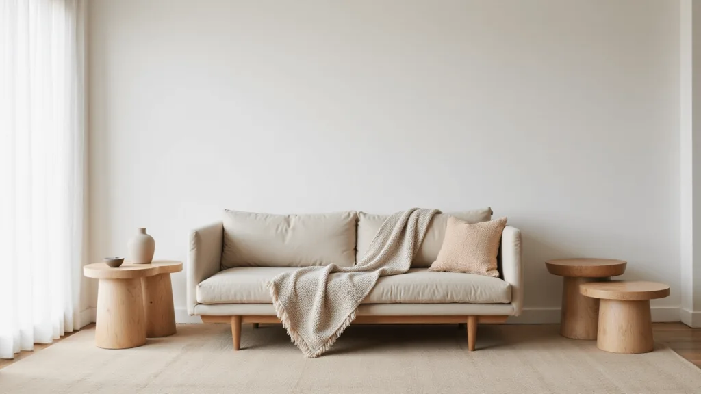 "Japandi minimalist living room with oatmeal linen sofa, natural wood tables, and bright sunlight filtering through sheer curtains"