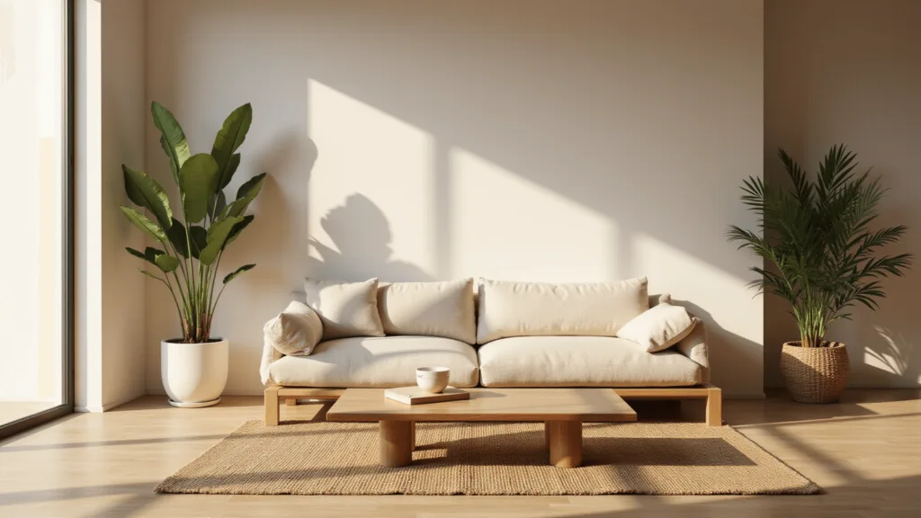 "Japandi-style living room with beige sofa, light wood furniture, bamboo accents and potted plants in natural light"