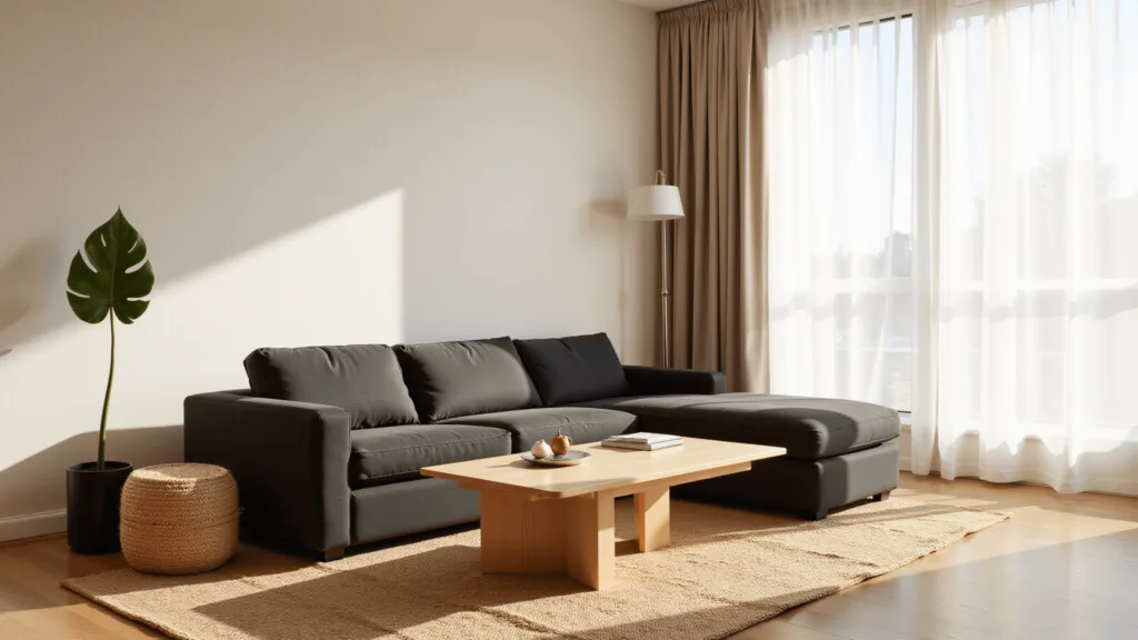"Minimalist Japandi-style living room with charcoal sofa, oak coffee table, bamboo accents, and fiddle leaf fig plant in natural afternoon light"