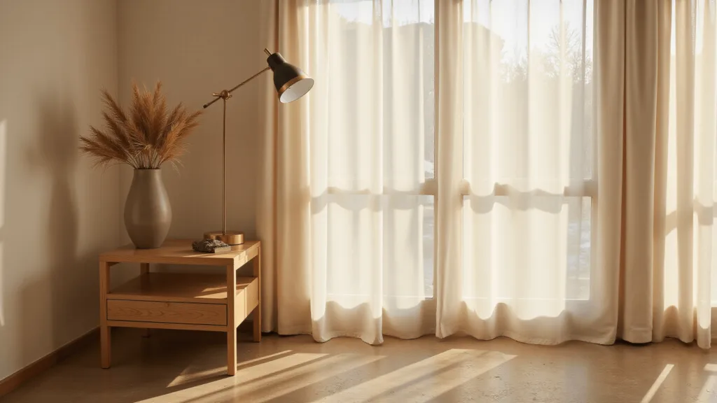 "Japandi oak nightstand with brass reading lamp and pampas grass decor, bathed in warm golden light in a minimalist bedroom"