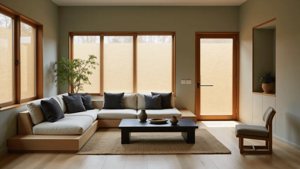 "Minimalist Japandi style living room with natural elements, muted sage walls, and soft morning light."