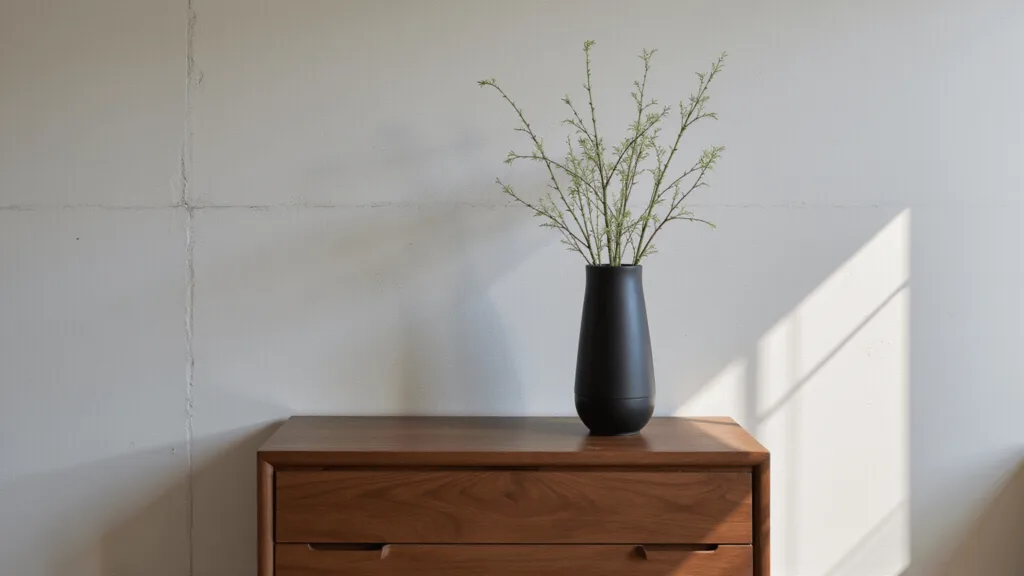 "Matte black ceramic vase with bamboo stems on a walnut console against a concrete wall in soft natural sunlight, creating a serene Japandi atmosphere"