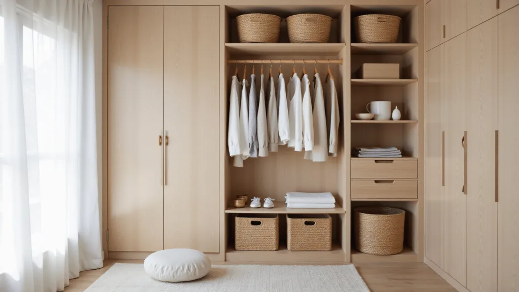 "Japandi-style white oak wardrobe with neutral clothing on bamboo hangers, natural light, and minimalist accessories"