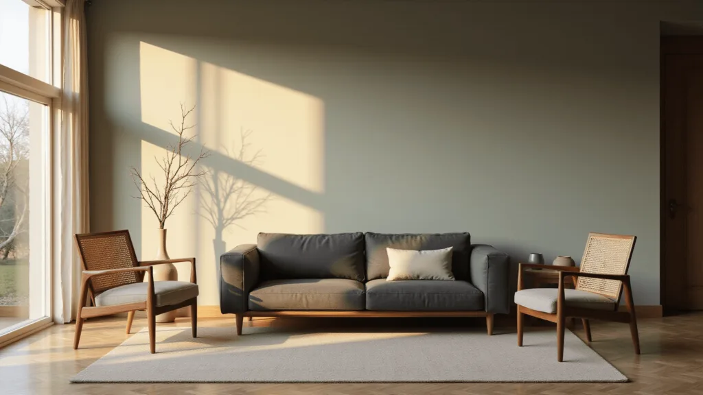 "Japandi-style living room with sage green wall, charcoal sofa, walnut armchairs, natural wood flooring, rattan accents, and ceramic vessels in soft golden light"