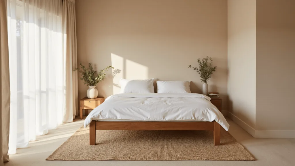 "Minimalist Japandi bedroom interior with walnut bed, white linen, beige walls, and natural light filtering through sheer curtains, featuring a ceramic vase with dried eucalyptus on a jute rug, creating a warm morning atmosphere"