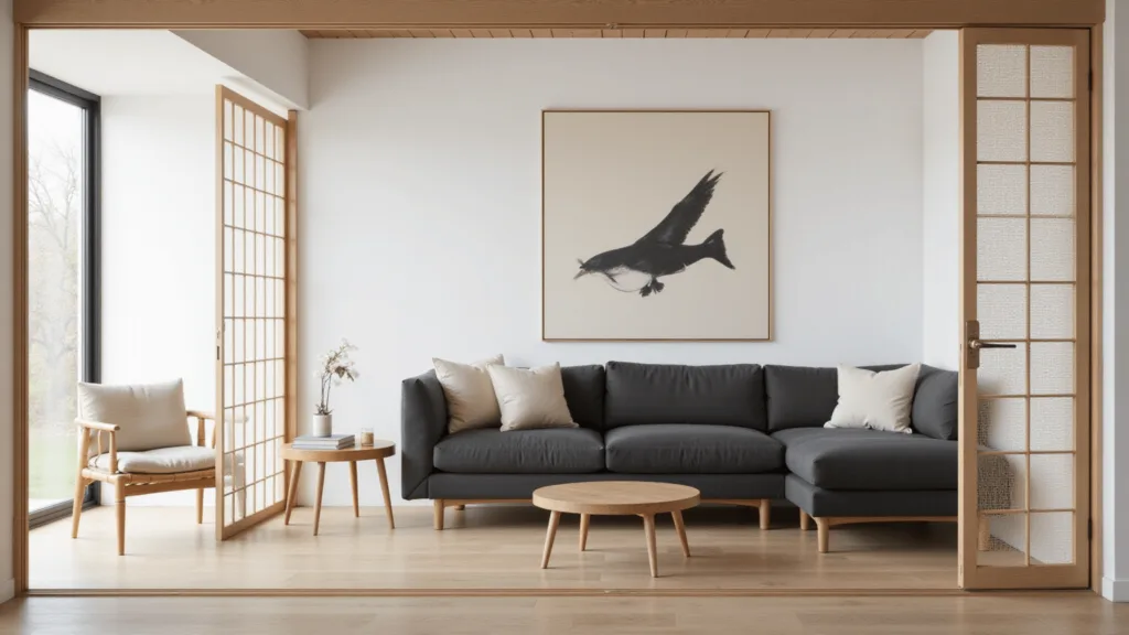 "Minimalist Japandi interior of serene living room with natural wood, muted tones, Zen atmosphere, highlighted by soft morning light."