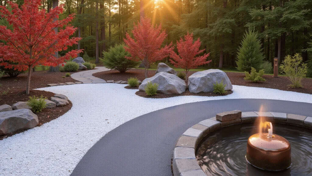"Tranquil Japanese garden at sunset with curved stone path, raked gravel, red maple trees, and copper fountain"