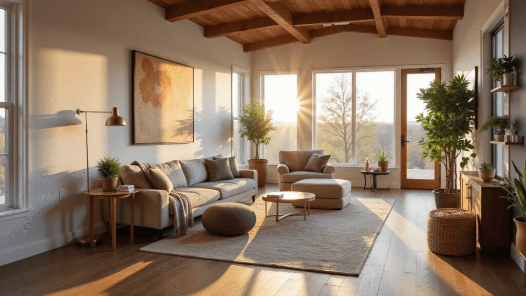 "Luxurious bonus room with exposed wooden beams, cozy seating, large windows, and potted plants during golden hour"