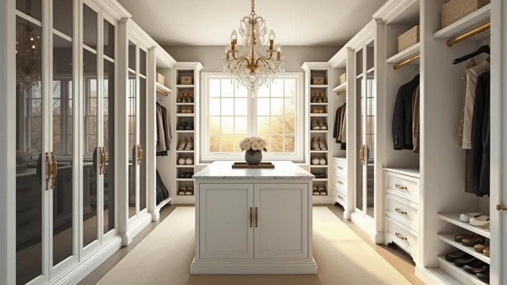 "Luxurious walk-in closet with white glass cabinets, marble island, crystal chandelier and golden hour lighting"