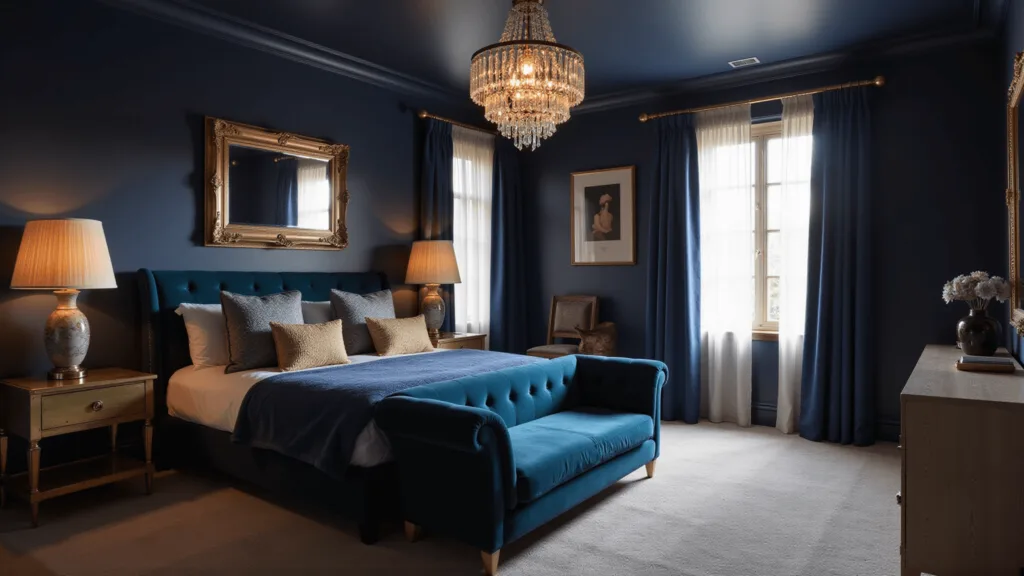 "Luxurious dark bedroom with navy velvet king-size bed, brass accents, crystal chandelier, antique gold-framed mirror and floor-to-ceiling windows draped in midnight blue"