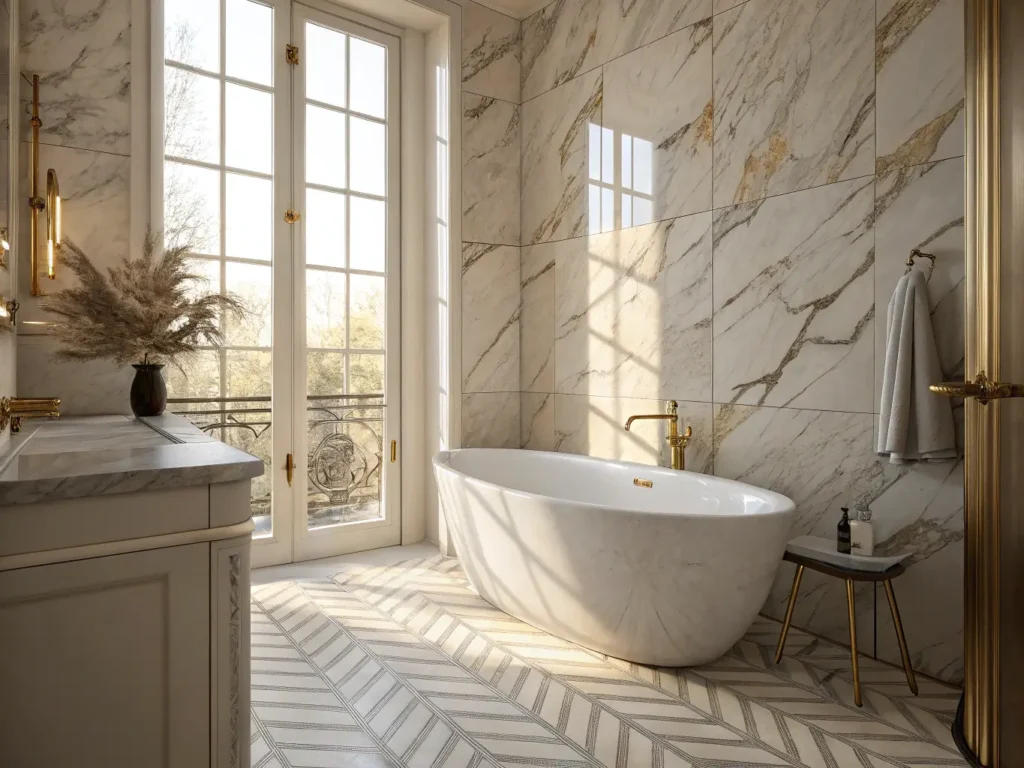 "Luxurious marble bathroom with calacatta marble walls, herringbone floor, freestanding tub, and morning sunlight filtering through frosted windows."
