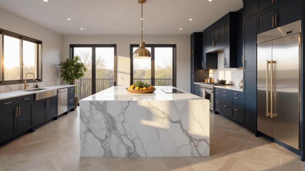 "Luxury kitchen with navy cabinets, Calacatta marble island, brass fixtures, stainless steel appliances, and herringbone oak floors in golden hour light"