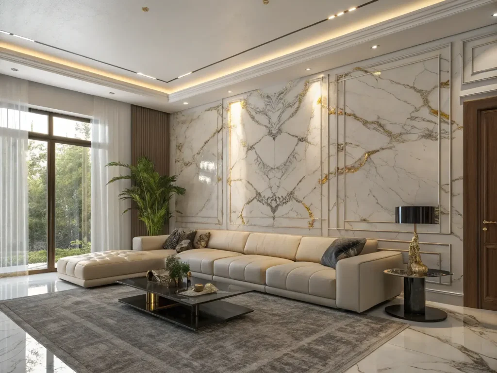 "Luxurious contemporary living room with floor-to-ceiling marble feature wall, plush cream sofa, and modern brass accents lit by warm golden afternoon light"