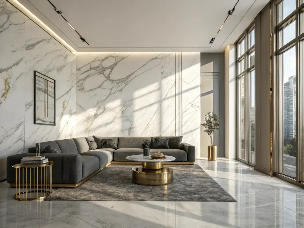 "Contemporary living room with white marble feature wall, gray sofa, brass-accented tables, and sunlight streaming through floor-to-ceiling windows onto polished stone floors, in a minimalist, high-end aesthetic."