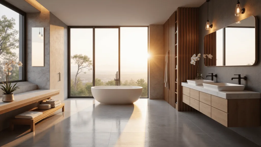 "Luxurious modern minimalist bathroom with marble bathtub, oak vanity, golden hour sunlight streaming through floor-to-ceiling windows, and spa-like atmosphere"