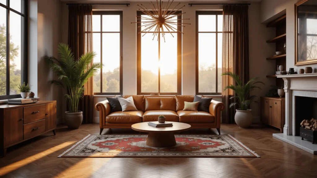 Elegant mid-century modern living room with leather sofa, brass chandelier, Persian rug, walnut floors and warm golden hour lighting.