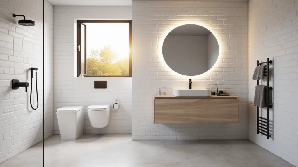 "Modern luxury bathroom with white subway tiles, black fixtures, and a floating oak vanity, all illuminated by warm golden hour light"