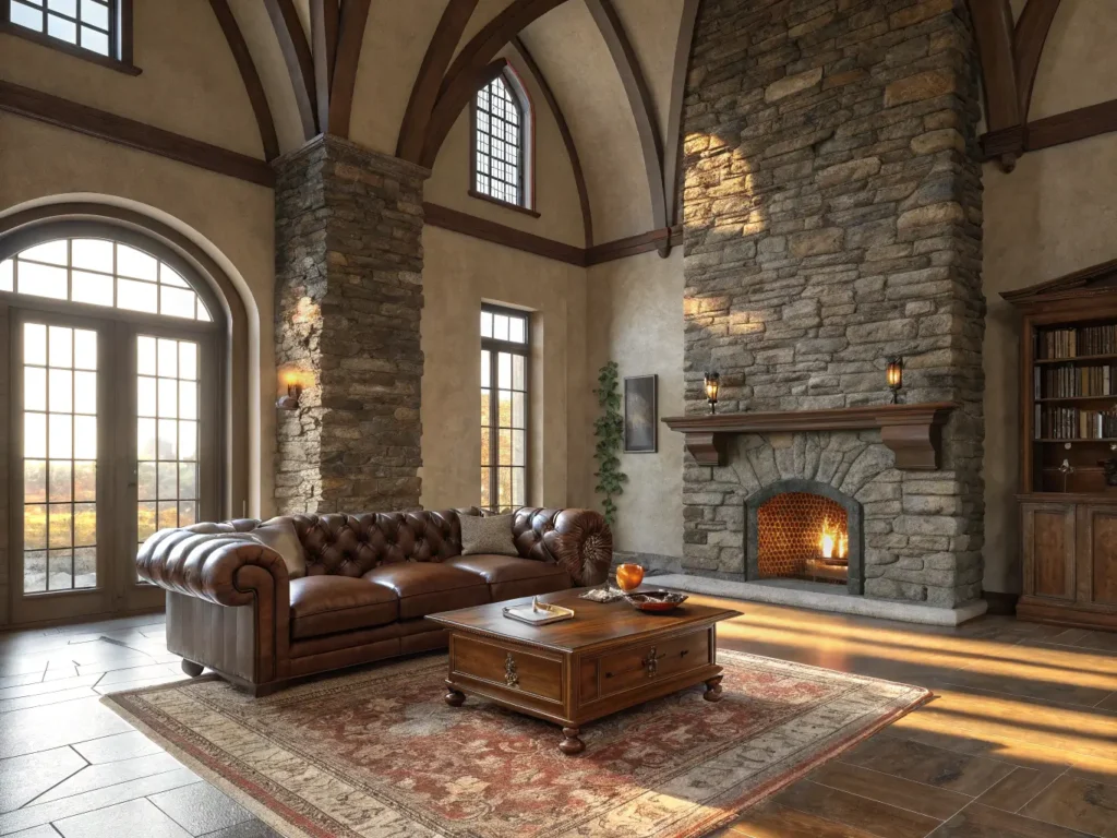 "Luxurious living room with vaulted ceilings, stacked stone fireplace, leather Chesterfield sofa, Persian rugs, and warm sunlight streaming through tall windows."