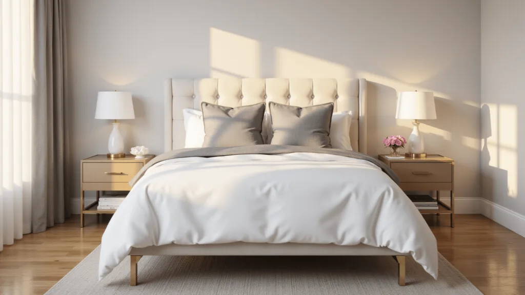 "Luxury guest bedroom with white linens, cream tufted headboard, oak floors and brass accents bathed in golden hour sunlight"
