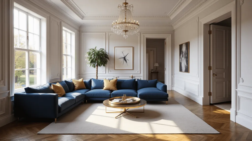 "Elegant formal living room with white coffered ceiling, navy velvet sectional, and brass and marble accents lit by afternoon sunlight"