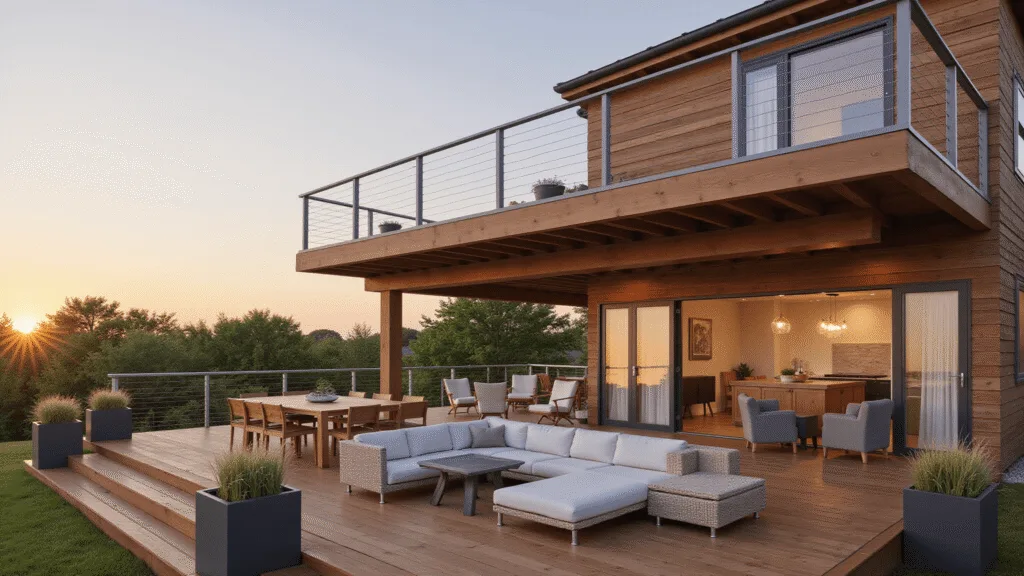 "Luxurious split-level cedar deck at sunset featuring an elegant teak dining set, modern grey sectional and sleek cable railings."