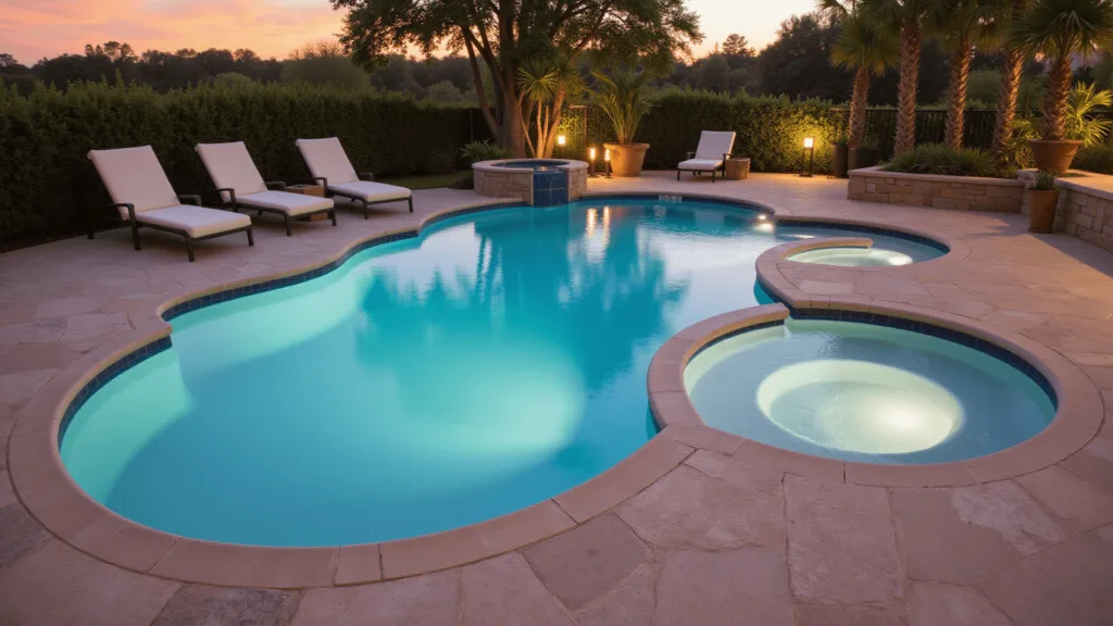 "Luxury cocktail pool with LED lighting, underwater seating, travertine decking, and tropical landscaping at sunset."