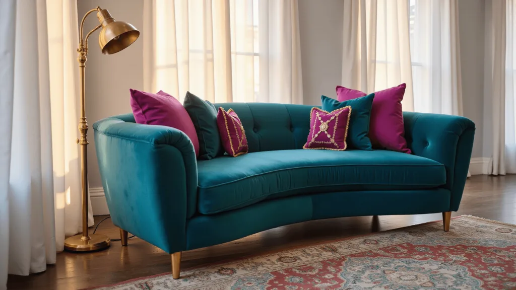 "Luxury living room interior with teal velvet sofa, magenta pillows, gold accents, Persian rug, and warm sunlight filtering through white curtains"