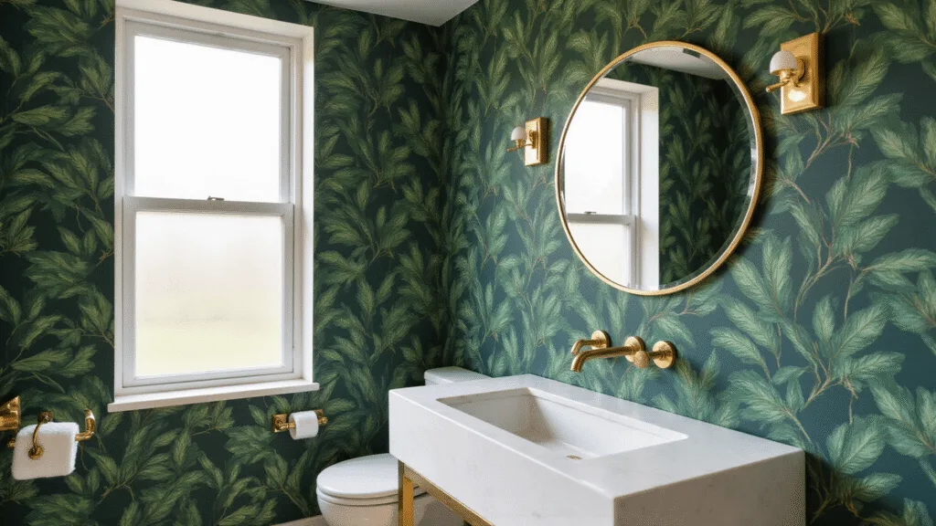 "Luxurious small bathroom with tropical banana leaf wallpaper, brass vanity, and sunlit interior"