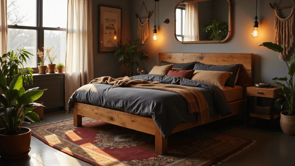 "Masculine boho bedroom with reclaimed wood bed, charcoal bedding, vintage burgundy rug, brass mirror, and potted plants in golden hour light."