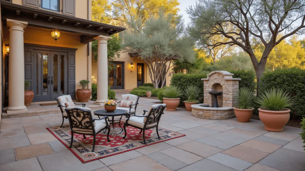 "Mediterranean courtyard during golden hour, featuring limestone pavers, wrought iron furniture, a Persian rug, terracotta pots, a stone fountain, olive trees, classical columns, and warm lighting."