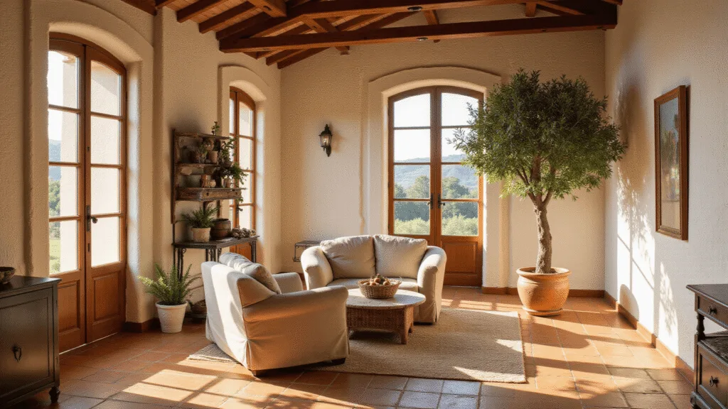 "Mediterranean villa interior with terracotta floors, arched windows, exposed beams, whitewashed walls, wrought iron details and an olive tree, bathed in golden hour sunlight."