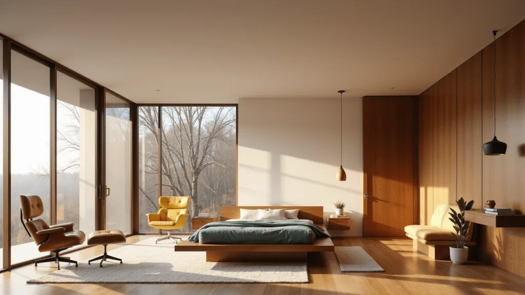 "Mid-century modern bedroom with walnut platform bed, Eames chair, and Nelson pendant lamp in golden hour sunlight"