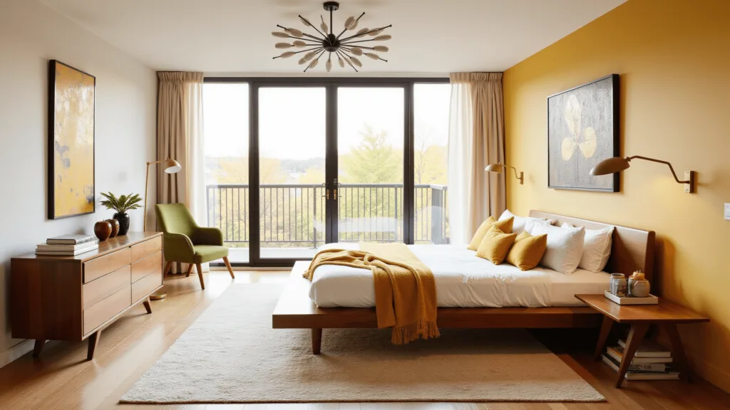 "Mid-century modern bedroom with walnut platform bed, Sputnik chandelier, floor-to-ceiling windows, mustard yellow accents, olive green textiles and brass fixtures in golden hour light"