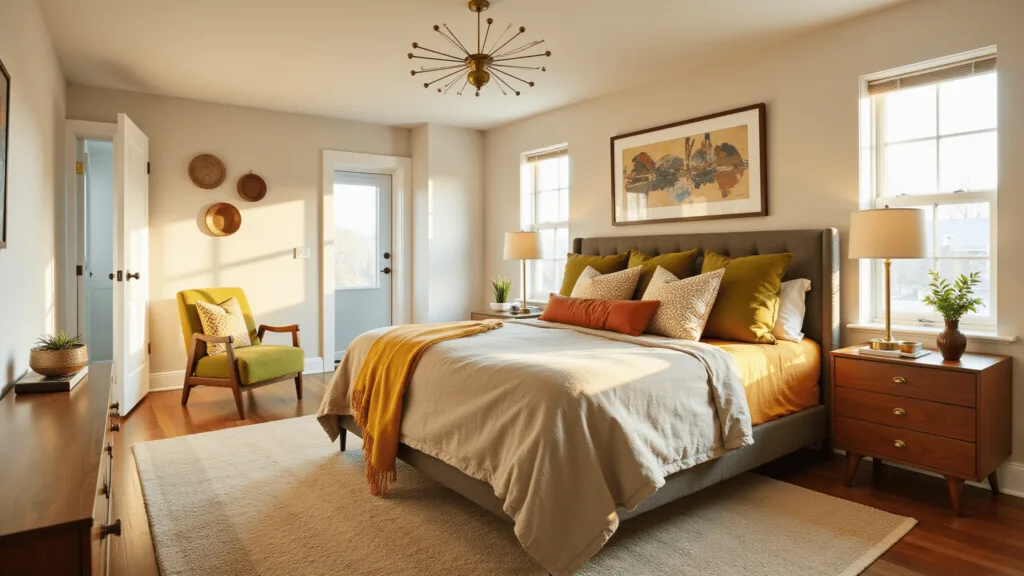 "Sunlit mid-century modern bedroom with geometric patterns, platform bed and walnut furniture"