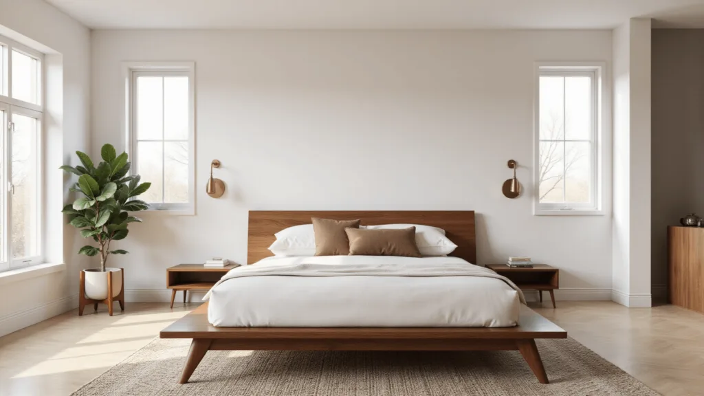 "Spacious mid-century modern bedroom with walnut king platform bed, floor-to-ceiling windows, and minimalist decor"