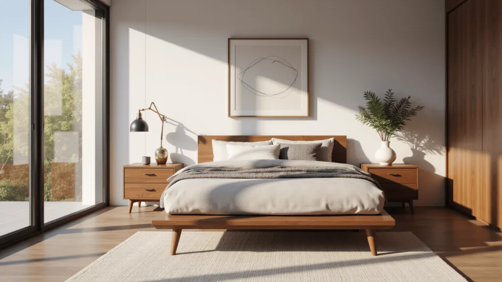 "Modern mid-century bedroom with walnut bed, oak nightstands, warm sunlight streaming through large windows and minimalist wall art."