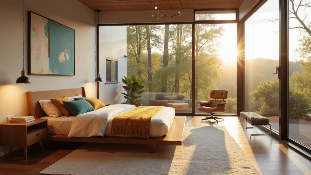 "Sunlit mid-century modern bedroom with walnut platform bed, geometric lighting, Eames lounge chair, and warm wood tones"