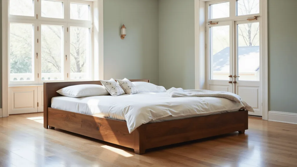 "Mid-century modern storage bed with walnut frame set in a bright, minimalist bedroom with sage green accent wall and oak flooring"