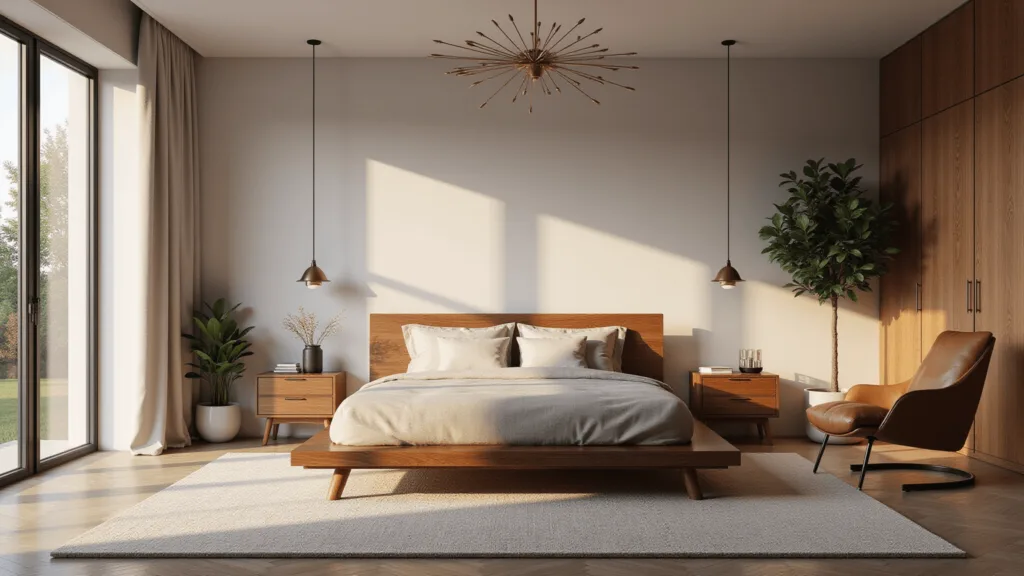 "Sunlit mid-century modern bedroom with a walnut platform bed, cognac leather chair, brass chandelier, and neutral textures"