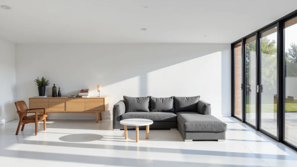 "Minimalist bright guesthouse interior with gray sectional, large black-framed windows, and white oak floors"