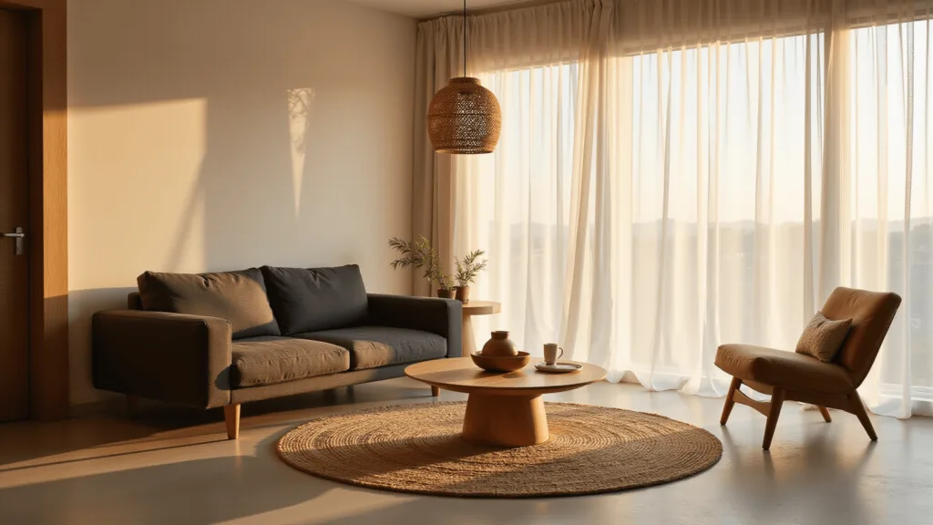 "Minimalist Japandi style living room with charcoal sofa, oak table, and bamboo light during golden hour"