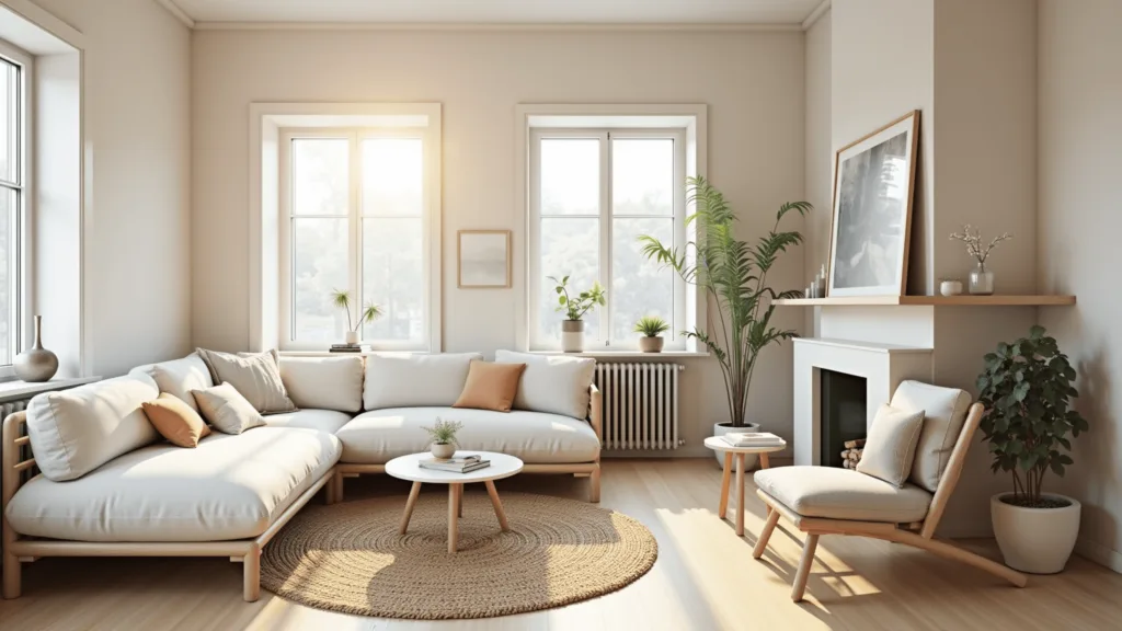 "Minimalist Scandinavian living room with a cream sectional, oak coffee table, jute rug, and floor-to-ceiling windows letting in warm sunlight."