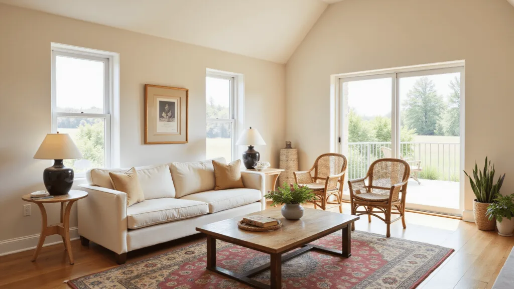 "Sunlit minimalist modern living room with vaulted ceilings, cream sofa, rattan chairs, Persian rug, and warm golden light"