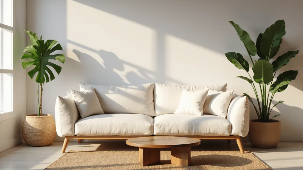 "Minimalist living room featuring a cream linen sofa, jute rug, walnut coffee table, and a monstera plant illuminated by natural light during golden hour"